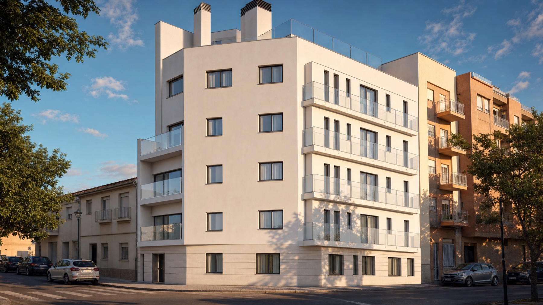 Render conceptual diurno del edificio en esquina, Pintor Murillo