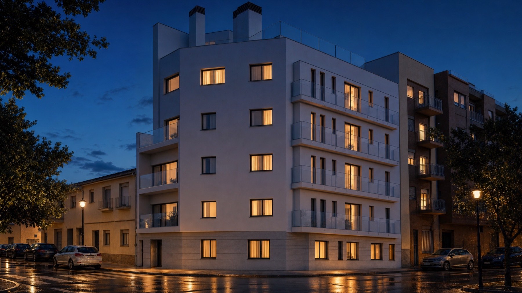 Render conceptual nocturno del edificio en Pintor Murillo, San Vicente del Raspeig